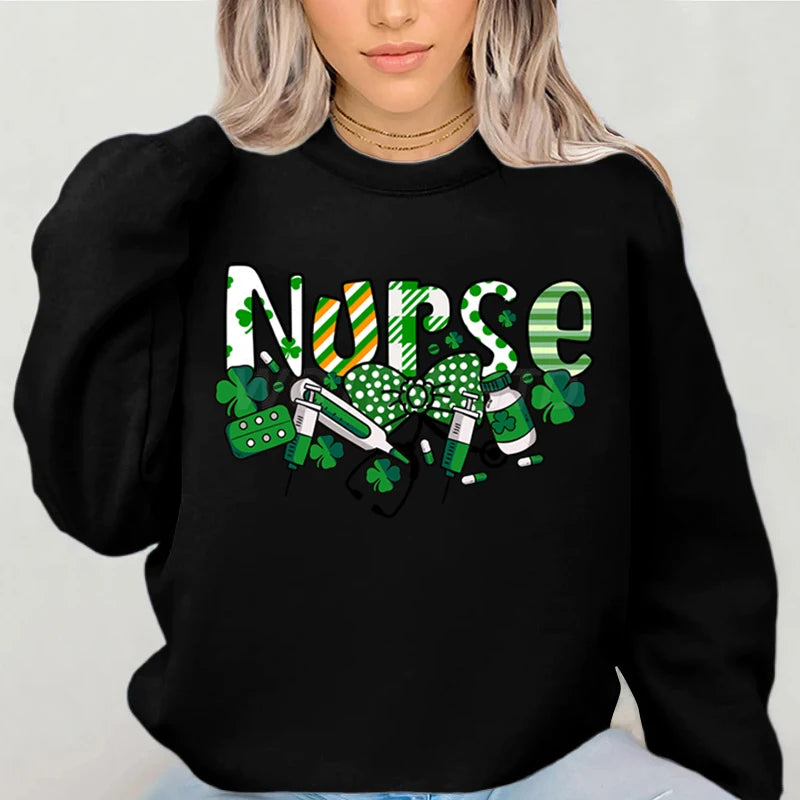 Nurse St.patricks Day Graphic Sweatshirts Lucky Shamrock Classic Women's Sweater St Patricks Nurse Bows Retro Pullover Hoodie