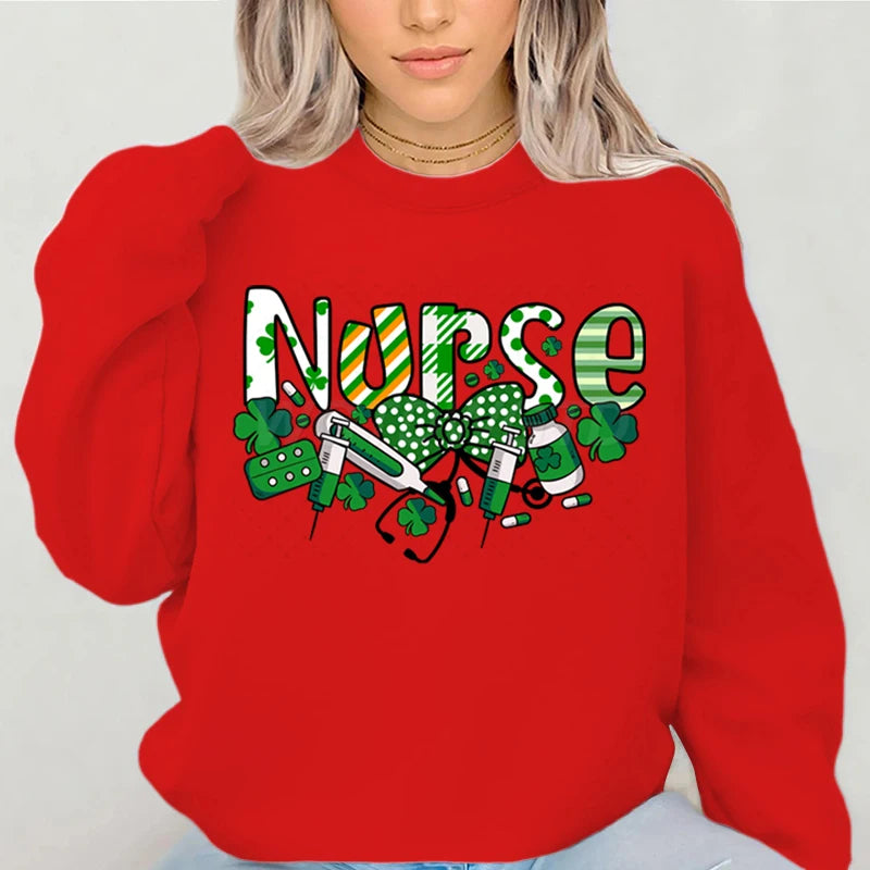 Nurse St.patricks Day Graphic Sweatshirts Lucky Shamrock Classic Women's Sweater St Patricks Nurse Bows Retro Pullover Hoodie