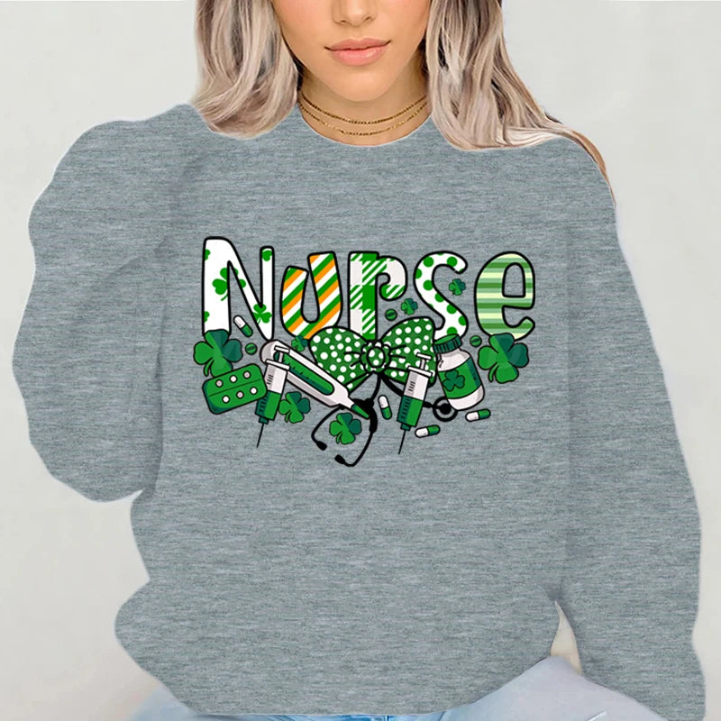 Nurse St.patricks Day Graphic Sweatshirts Lucky Shamrock Classic Women's Sweater St Patricks Nurse Bows Retro Pullover Hoodie