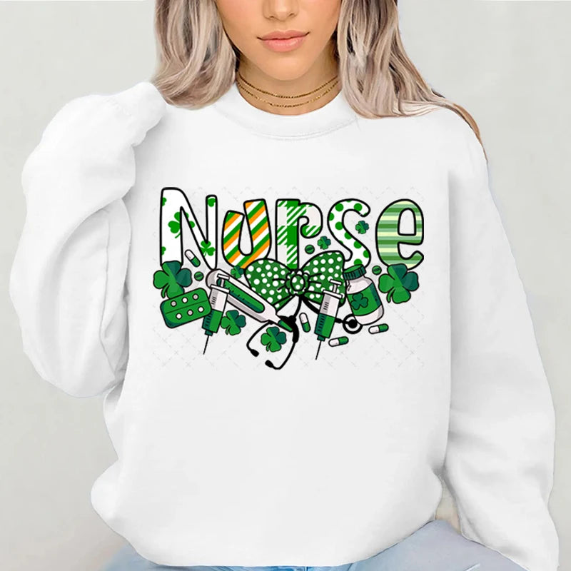 Nurse St.patricks Day Graphic Sweatshirts Lucky Shamrock Classic Women's Sweater St Patricks Nurse Bows Retro Pullover Hoodie