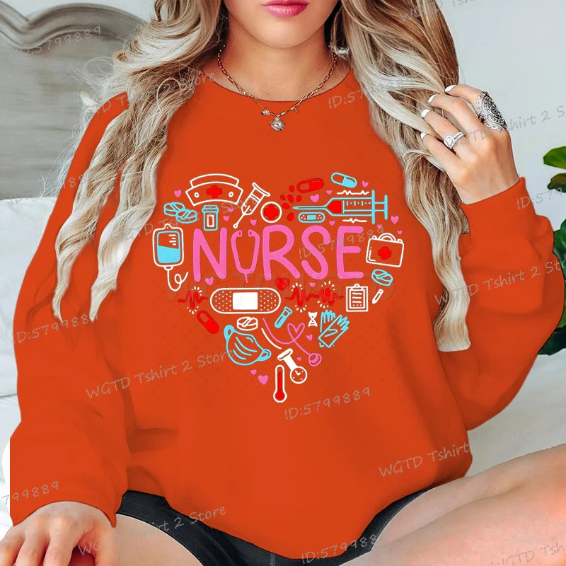 Love Nurse Sweatshirts for Women Medical Print Creative Nurse Gift Hoodless Pullover Long Sleeve Female Nurse Y2K Sudaderas