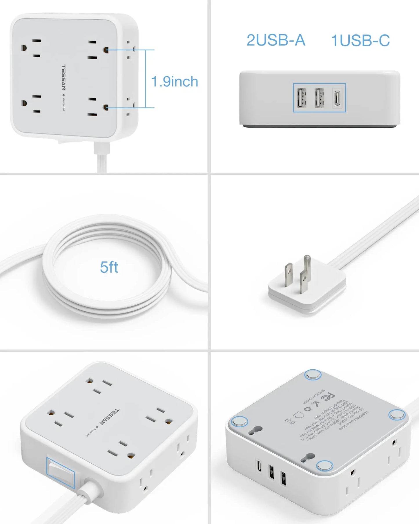 Surge Protector Power Strip - 8 Outlets with 4 USB (2 USB C) Charging Ports, Multi Plug Outlet Extender, 5Ft Braided Extension Cord, Flat Plug Wall Mount Desk USB Charging Station for Home Office ETL