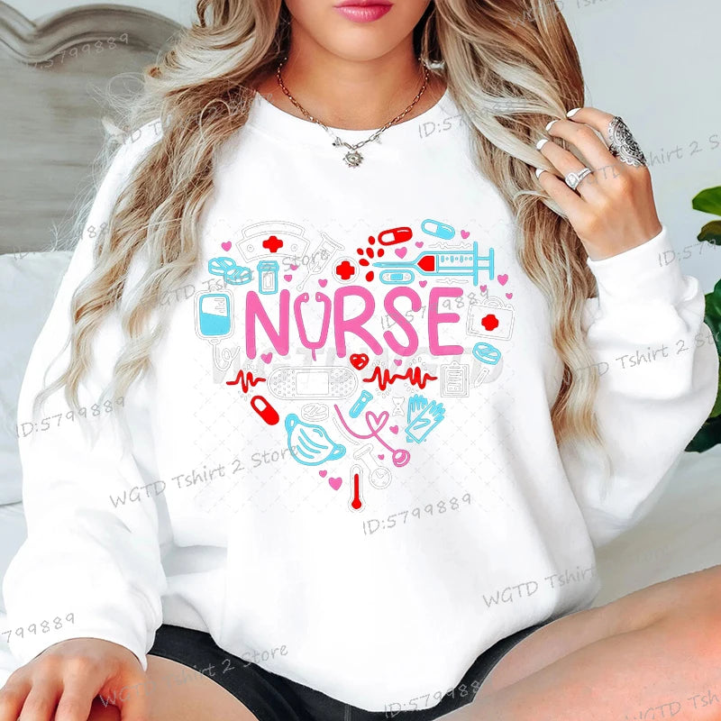 Love Nurse Sweatshirts for Women Medical Print Creative Nurse Gift Hoodless Pullover Long Sleeve Female Nurse Y2K Sudaderas