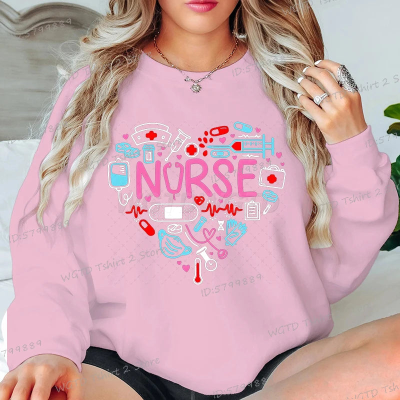 Love Nurse Sweatshirts for Women Medical Print Creative Nurse Gift Hoodless Pullover Long Sleeve Female Nurse Y2K Sudaderas