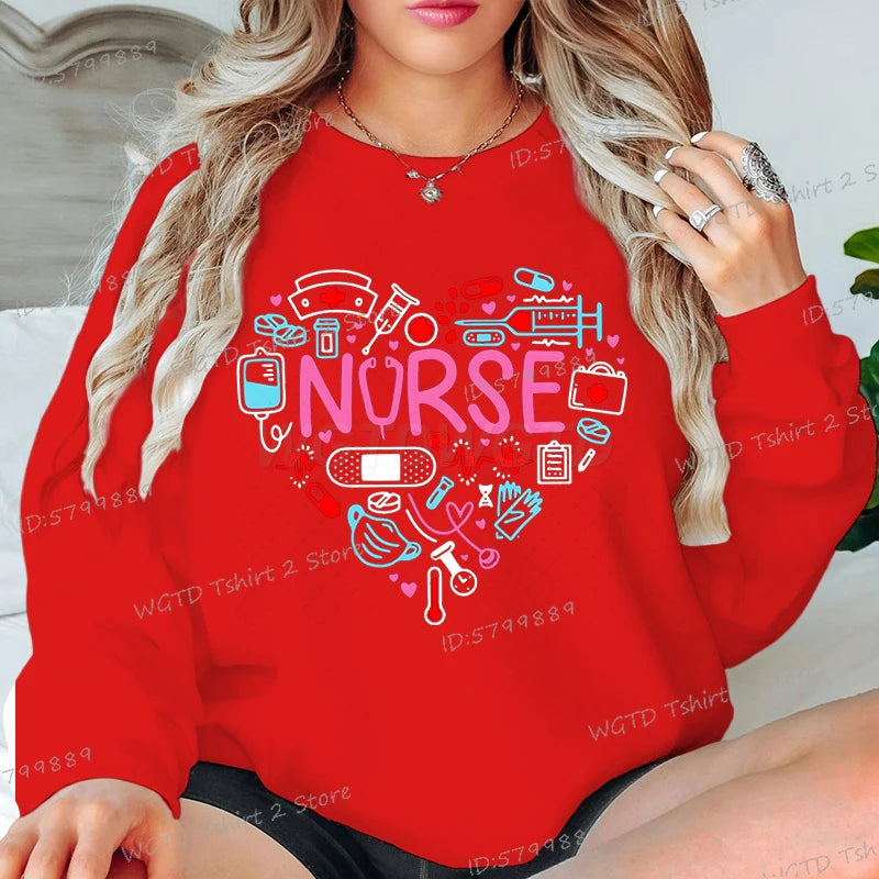 Love Nurse Sweatshirts for Women Medical Print Creative Nurse Gift Hoodless Pullover Long Sleeve Female Nurse Y2K Sudaderas