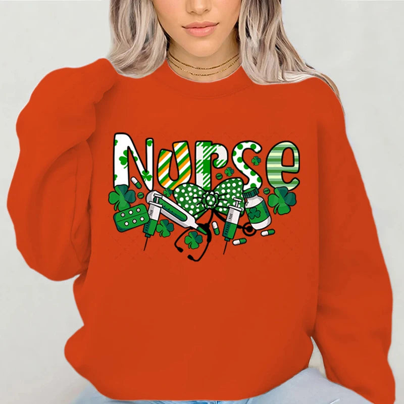 Nurse St.patricks Day Graphic Sweatshirts Lucky Shamrock Classic Women's Sweater St Patricks Nurse Bows Retro Pullover Hoodie