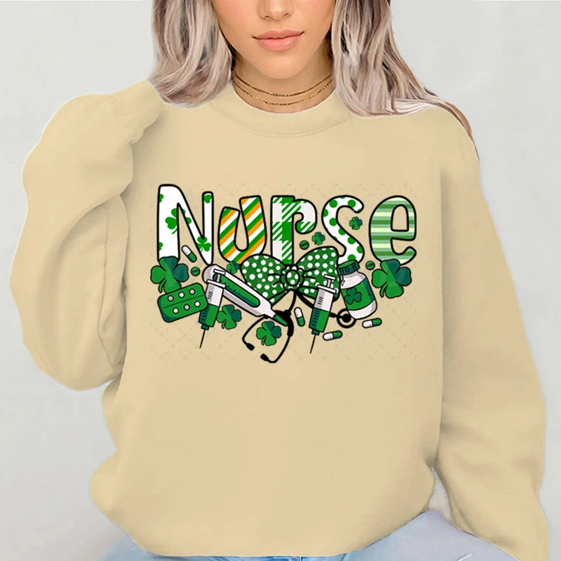 Nurse St.patricks Day Graphic Sweatshirts Lucky Shamrock Classic Women's Sweater St Patricks Nurse Bows Retro Pullover Hoodie