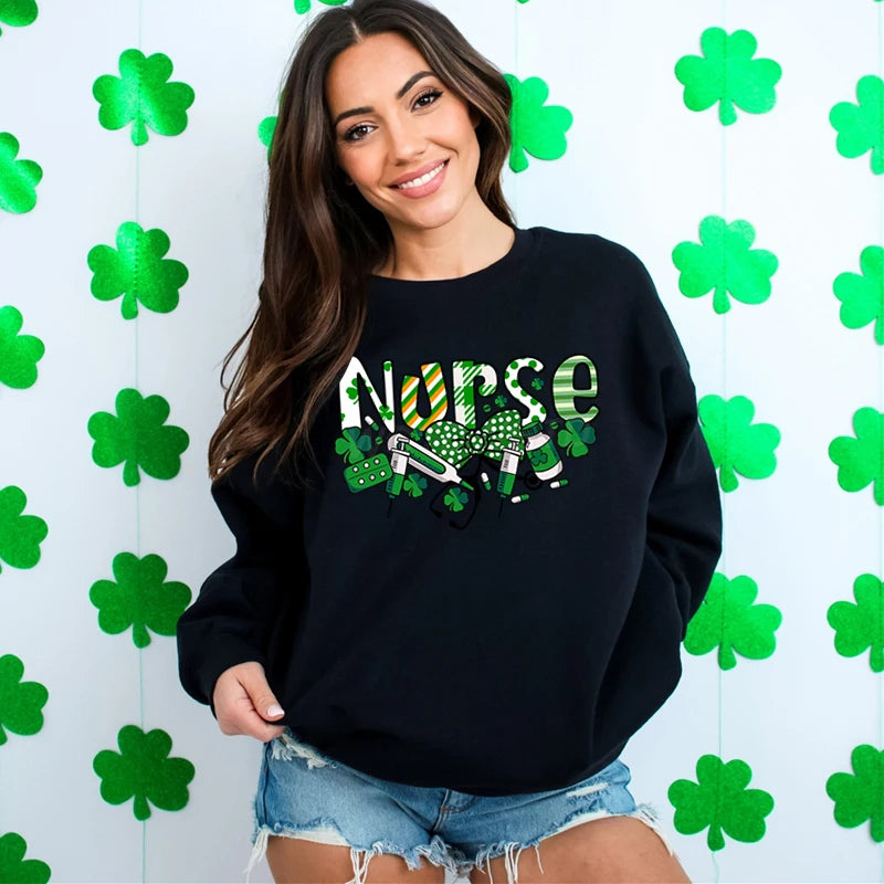 Nurse St.patricks Day Graphic Sweatshirts Lucky Shamrock Classic Women's Sweater St Patricks Nurse Bows Retro Pullover Hoodie