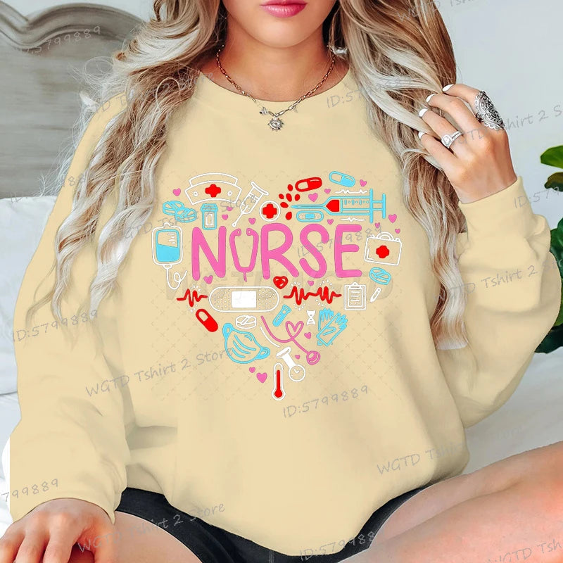 Love Nurse Sweatshirts for Women Medical Print Creative Nurse Gift Hoodless Pullover Long Sleeve Female Nurse Y2K Sudaderas