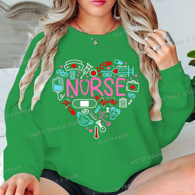 Love Nurse Sweatshirts for Women Medical Print Creative Nurse Gift Hoodless Pullover Long Sleeve Female Nurse Y2K Sudaderas