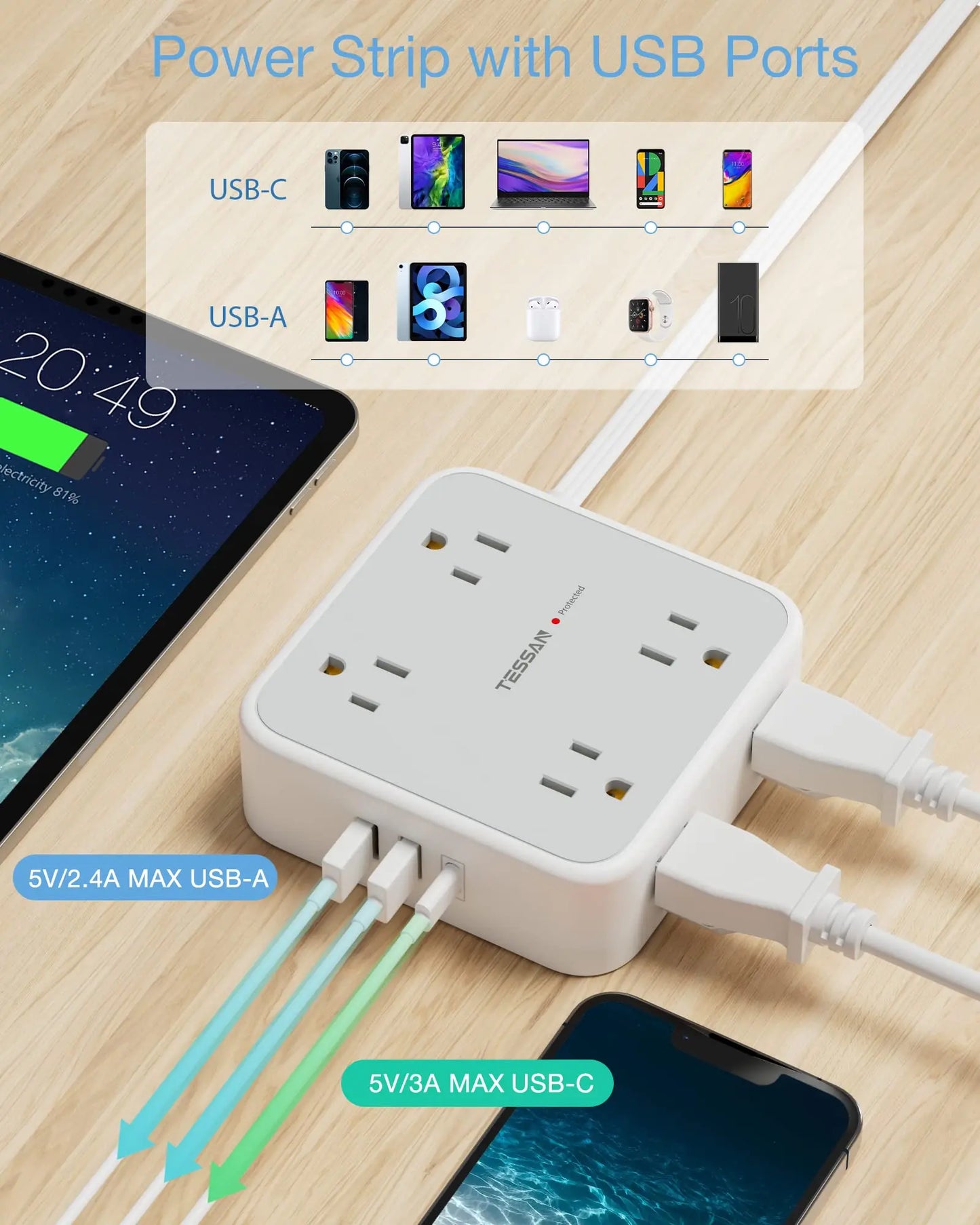 Surge Protector Power Strip - 8 Outlets with 4 USB (2 USB C) Charging Ports, Multi Plug Outlet Extender, 5Ft Braided Extension Cord, Flat Plug Wall Mount Desk USB Charging Station for Home Office ETL