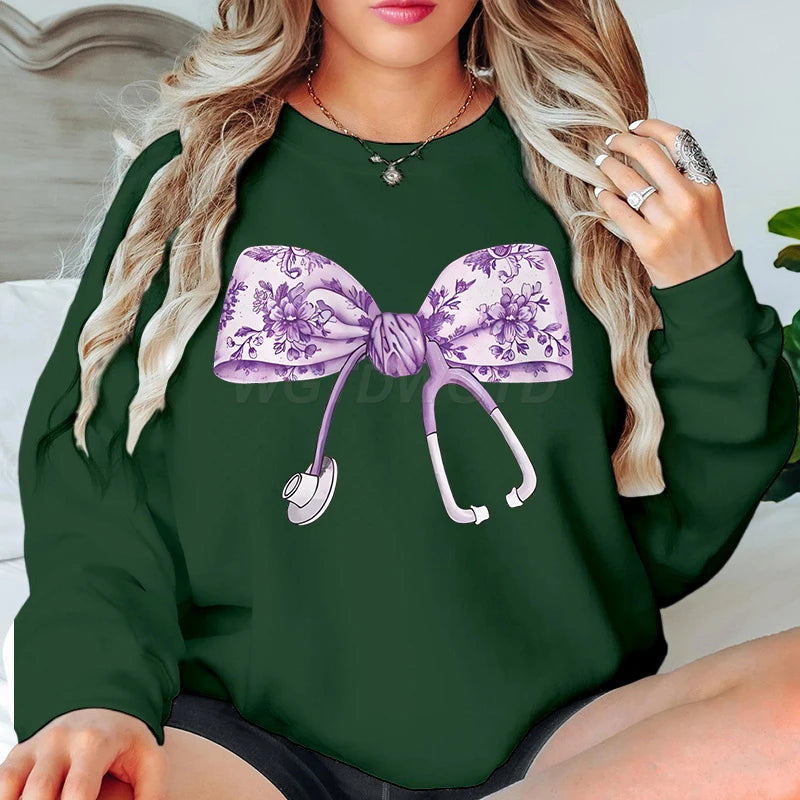 Nurse Bow Ribbon Stethoscope Classic Sweatshirts Nursing Life Vintage Casual Hoodies Women Bow Gift Nursing for Crewneck Sweater