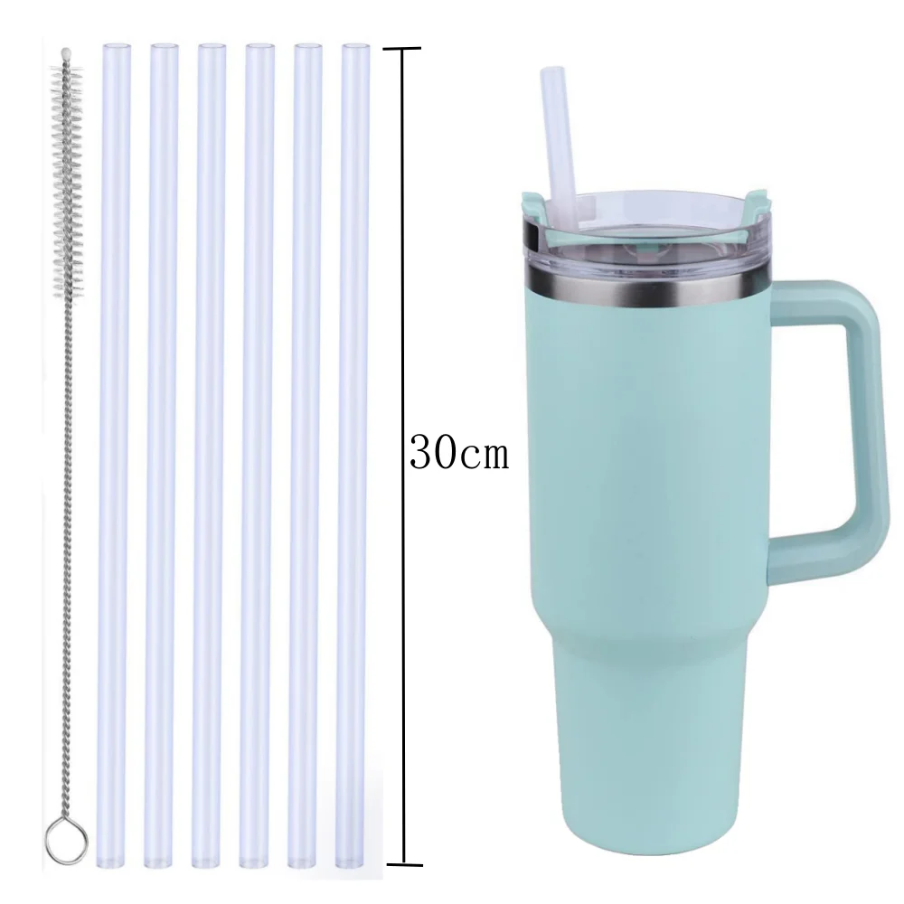 30cm 6 pcs Reusable Straw with Cleaning Brush, Plastic, Clear,Replacement Straw Compatible with Stanley 40 oz 30 oz Cup Tumbler