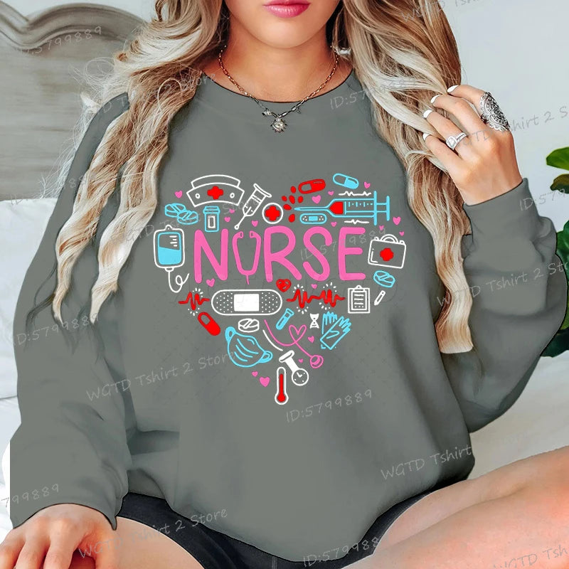 Love Nurse Sweatshirts for Women Medical Print Creative Nurse Gift Hoodless Pullover Long Sleeve Female Nurse Y2K Sudaderas