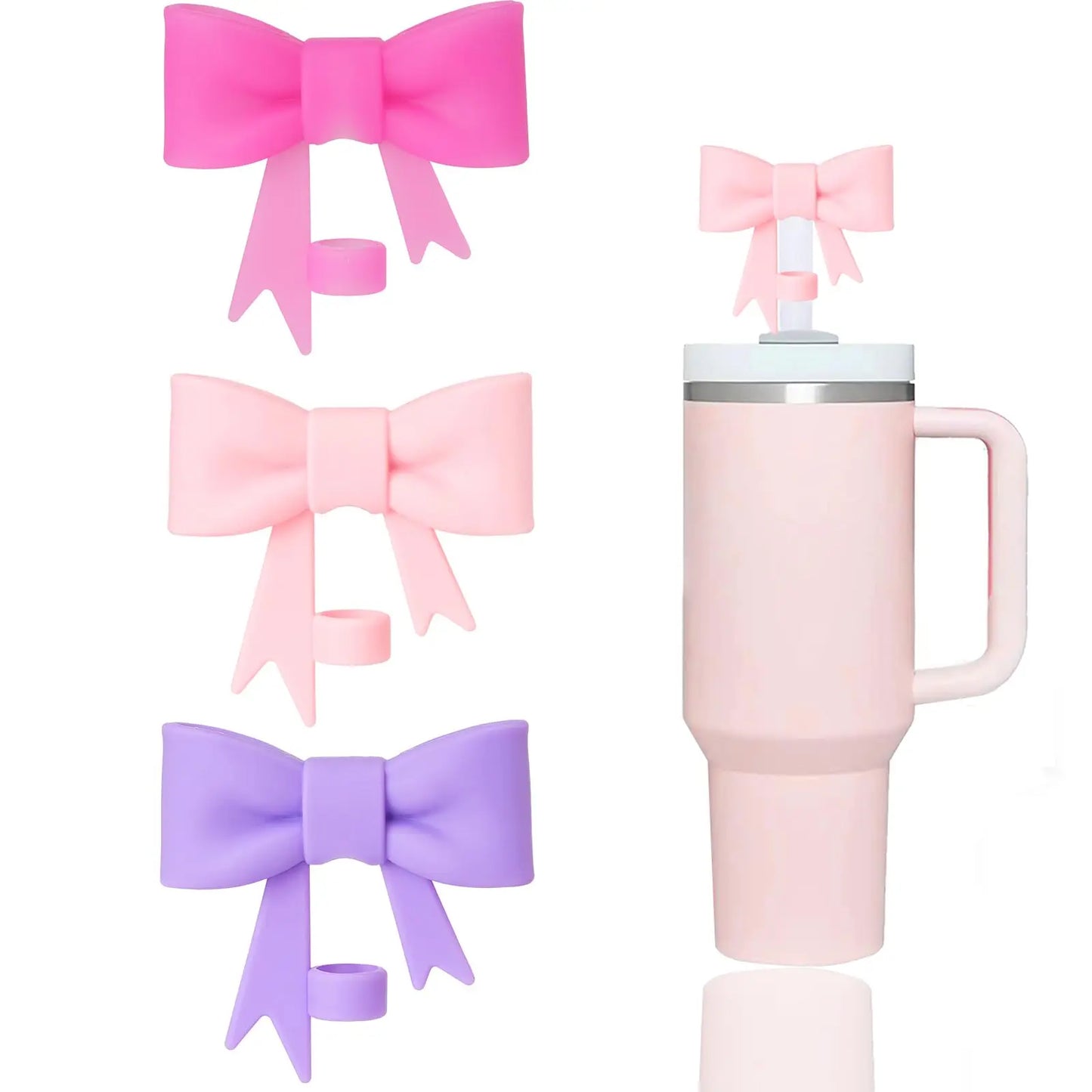 3 Pcs Classic Pink Bow Straw Covers Cap Toppers Compatible with Stanley 30&40 oz Tumbler Cups,Reusable Cute Silicone Straw Tips