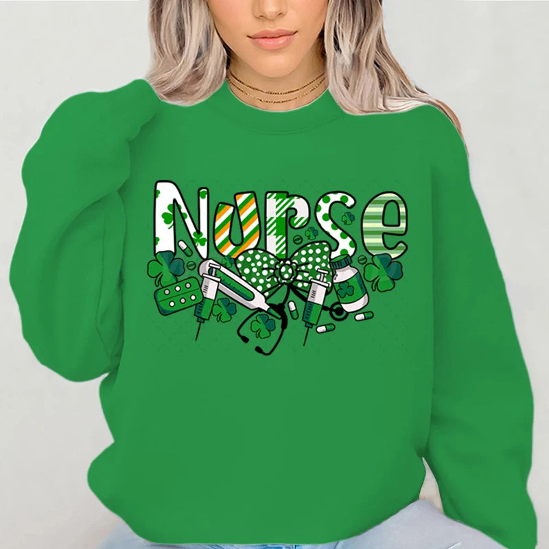 Nurse St.patricks Day Graphic Sweatshirts Lucky Shamrock Classic Women's Sweater St Patricks Nurse Bows Retro Pullover Hoodie