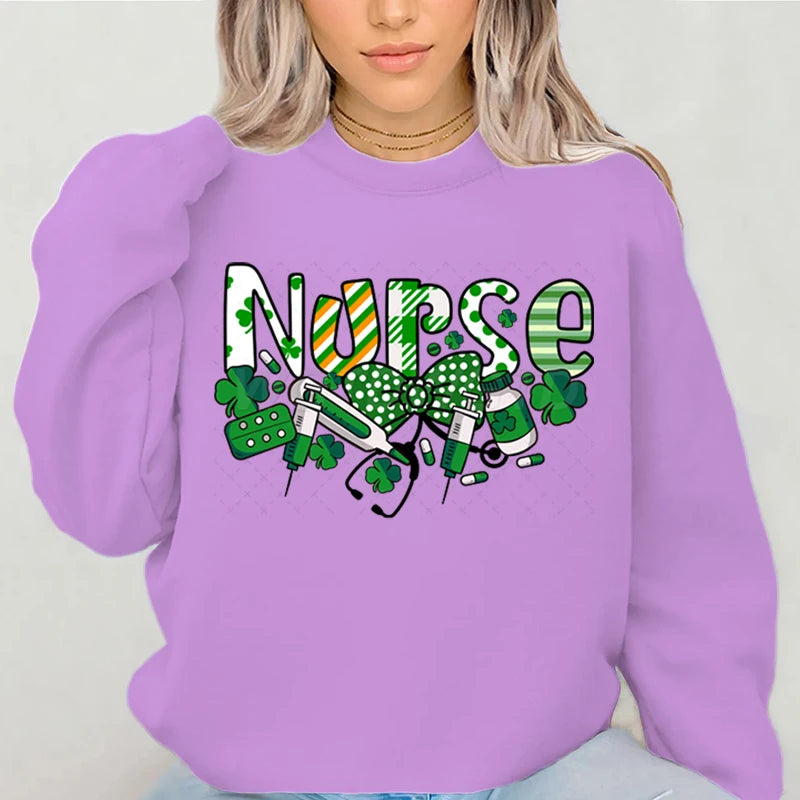 Nurse St.patricks Day Graphic Sweatshirts Lucky Shamrock Classic Women's Sweater St Patricks Nurse Bows Retro Pullover Hoodie