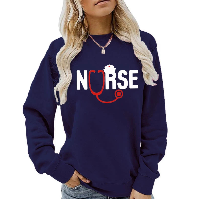 Fashion Nurse Stethoscope Print Sweater For Women Plus Size Funny Long Sleeve Graphic Plus Size Sweatshirt