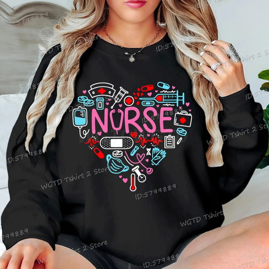 Love Nurse Sweatshirts for Women Medical Print Creative Nurse Gift Hoodless Pullover Long Sleeve Female Nurse Y2K Sudaderas