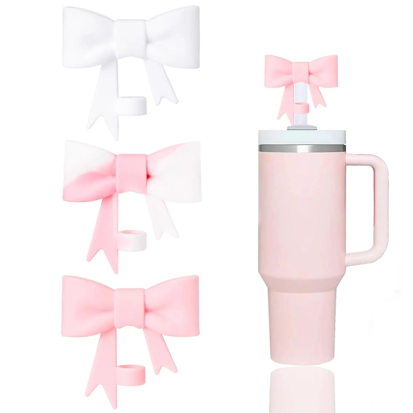 3 Pcs Classic Pink Bow Straw Covers Cap Toppers Compatible with Stanley 30&40 oz Tumbler Cups,Reusable Cute Silicone Straw Tips