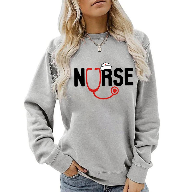 Fashion Nurse Stethoscope Print Sweater For Women Plus Size Funny Long Sleeve Graphic Plus Size Sweatshirt