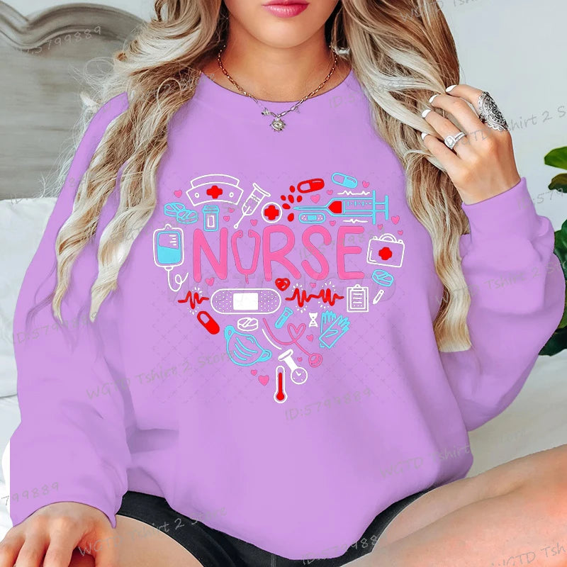 Love Nurse Sweatshirts for Women Medical Print Creative Nurse Gift Hoodless Pullover Long Sleeve Female Nurse Y2K Sudaderas