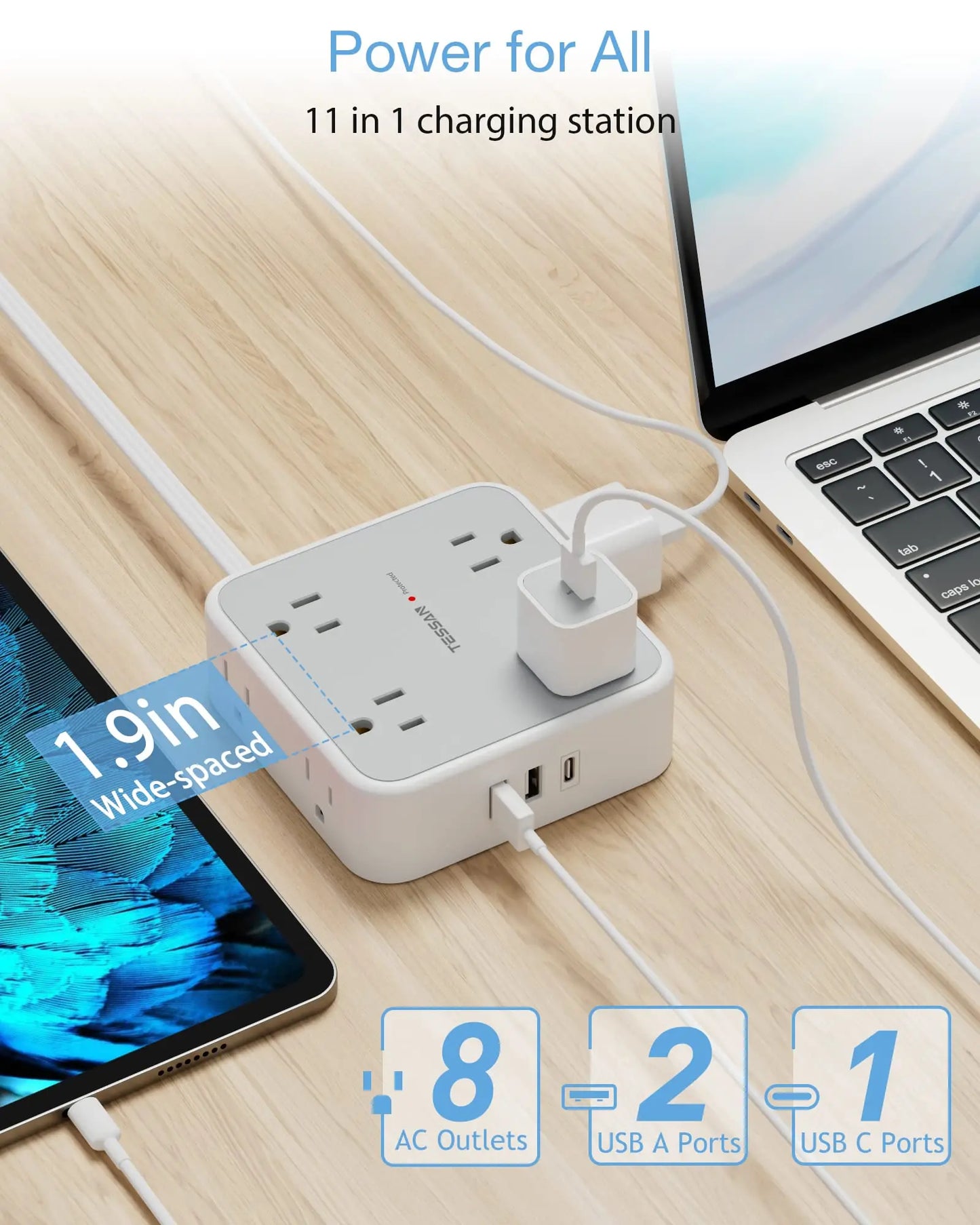 Surge Protector Power Strip - 8 Outlets with 4 USB (2 USB C) Charging Ports, Multi Plug Outlet Extender, 5Ft Braided Extension Cord, Flat Plug Wall Mount Desk USB Charging Station for Home Office ETL