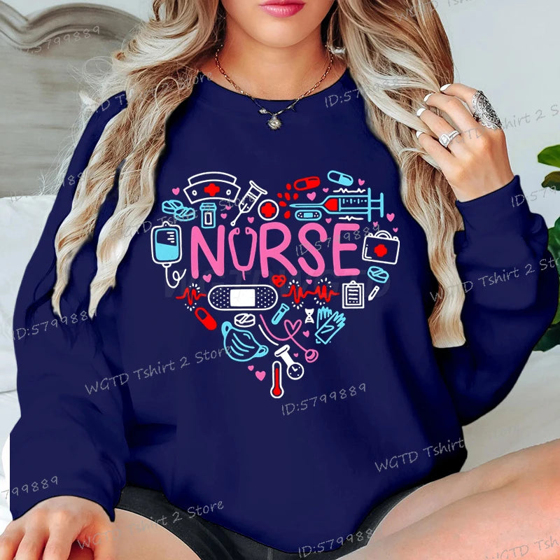 Love Nurse Sweatshirts for Women Medical Print Creative Nurse Gift Hoodless Pullover Long Sleeve Female Nurse Y2K Sudaderas