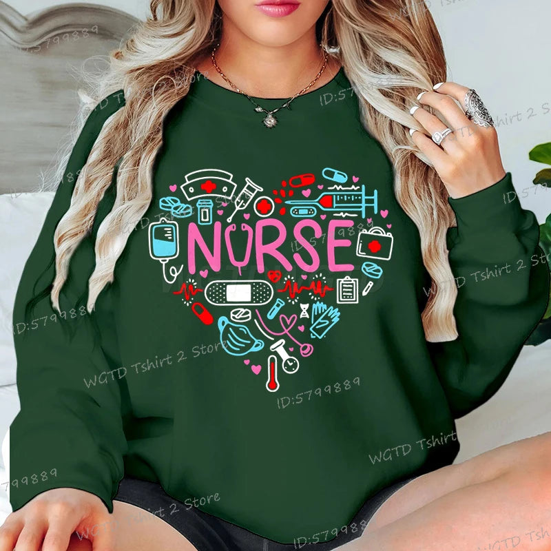 Love Nurse Sweatshirts for Women Medical Print Creative Nurse Gift Hoodless Pullover Long Sleeve Female Nurse Y2K Sudaderas