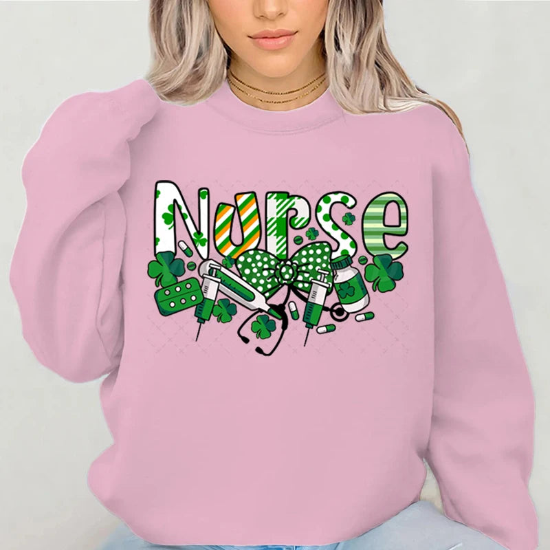 Nurse St.patricks Day Graphic Sweatshirts Lucky Shamrock Classic Women's Sweater St Patricks Nurse Bows Retro Pullover Hoodie