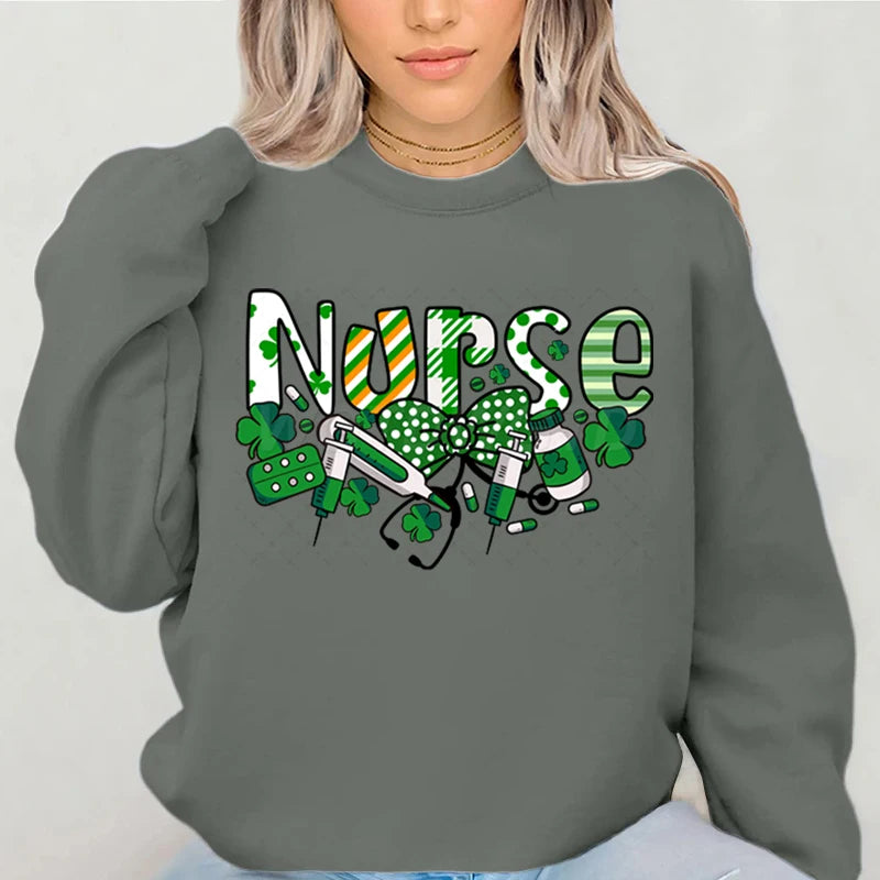 Nurse St.patricks Day Graphic Sweatshirts Lucky Shamrock Classic Women's Sweater St Patricks Nurse Bows Retro Pullover Hoodie