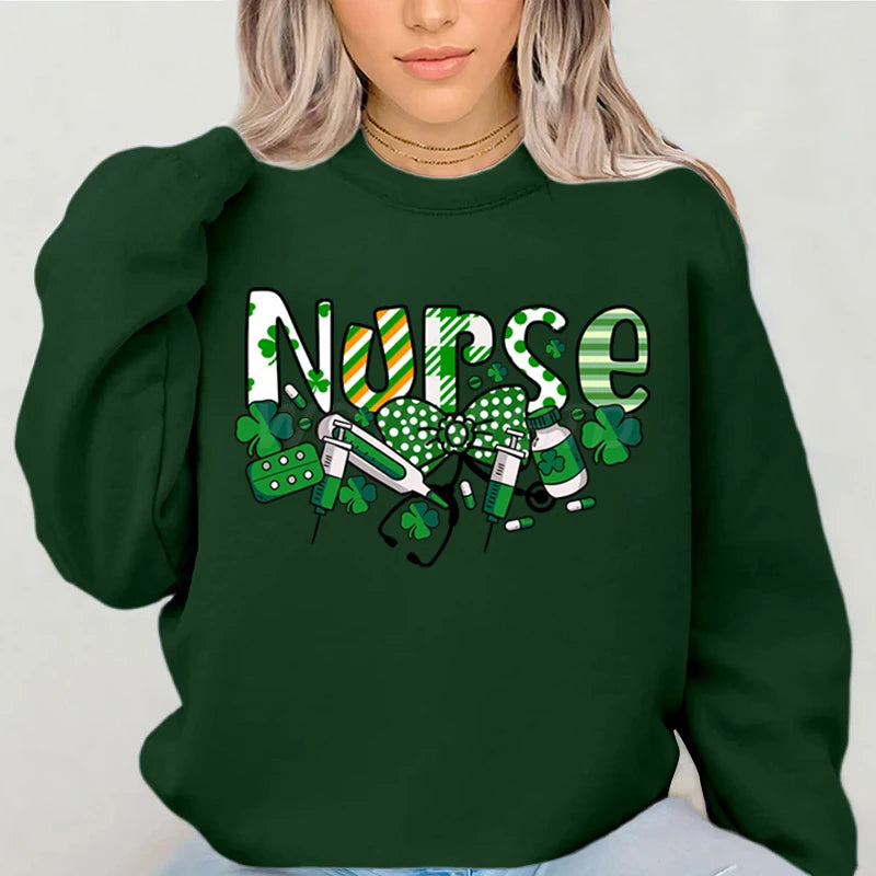 Nurse St.patricks Day Graphic Sweatshirts Lucky Shamrock Classic Women's Sweater St Patricks Nurse Bows Retro Pullover Hoodie