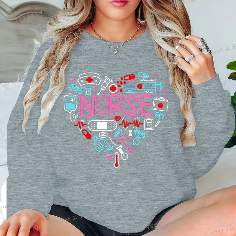 Love Nurse Sweatshirts for Women Medical Print Creative Nurse Gift Hoodless Pullover Long Sleeve Female Nurse Y2K Sudaderas